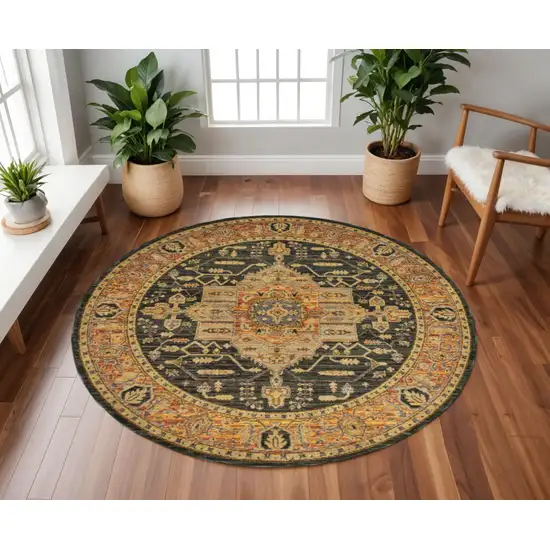 8' Black and Gold Round Oriental Power Loom Area Rug Photo 1