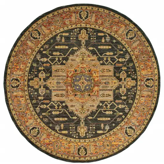 8' Gold Brown Grey Rust Green And Purple Round Oriental Power Loom Stain Resistant Area Rug Photo 1