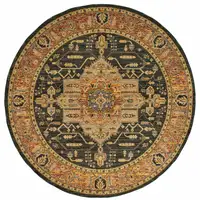 Photo of 8' Gold Brown Grey Rust Green And Purple Round Oriental Power Loom Stain Resistant Area Rug