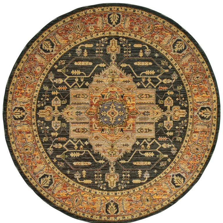 8' Gold Brown Grey Rust Green And Purple Round Oriental Power Loom Stain Resistant Area Rug Photo 4