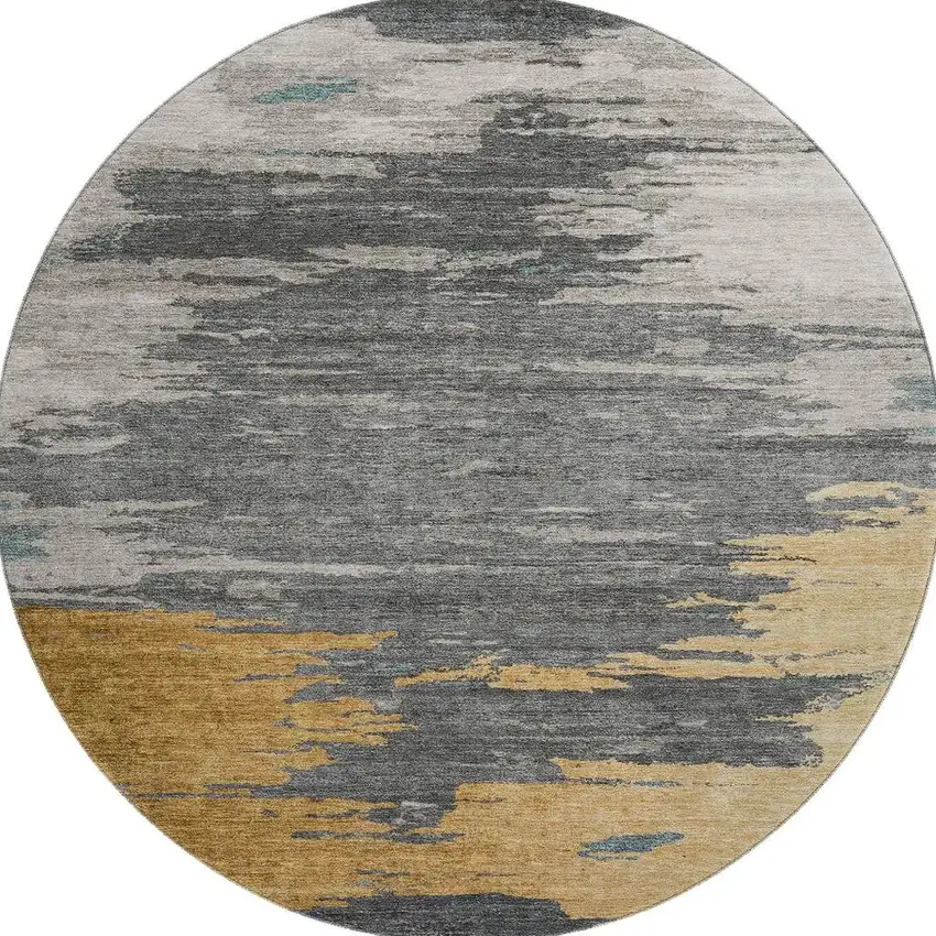 8' Gold Charcoal And Gray Abstract Washable Round Rug With UV Protection Photo 4