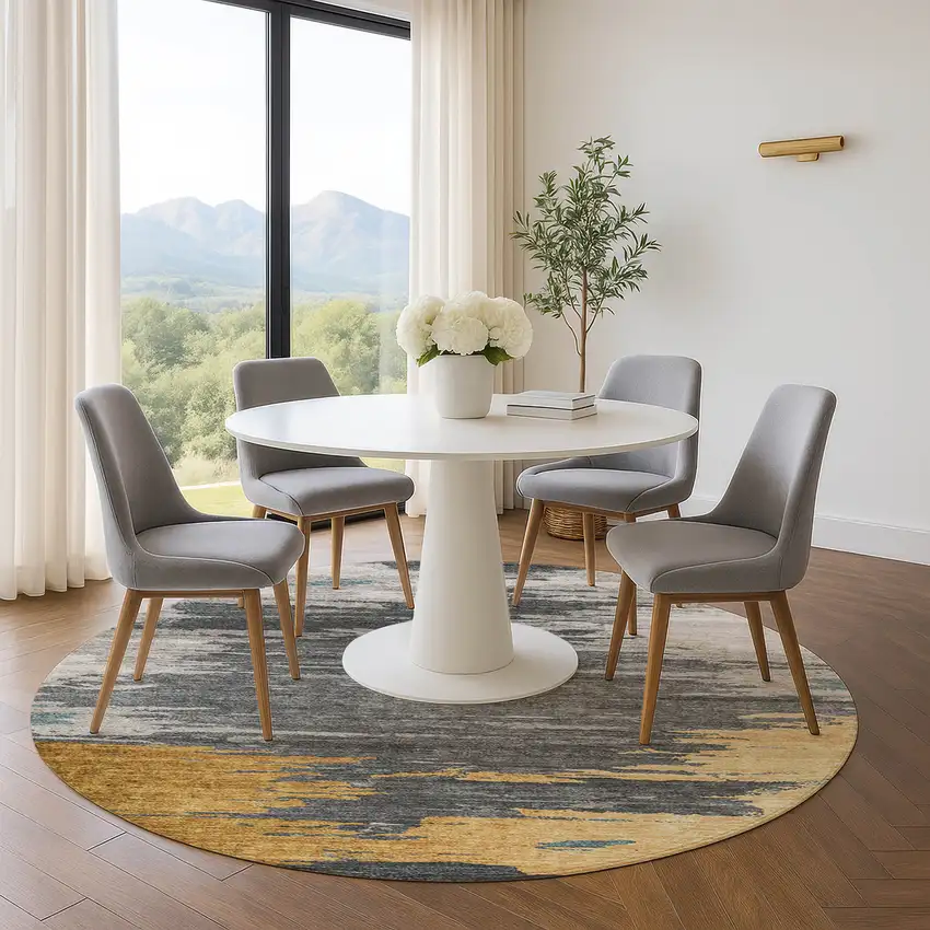 8' Gold Charcoal And Gray Abstract Washable Round Rug With UV Protection Photo 5