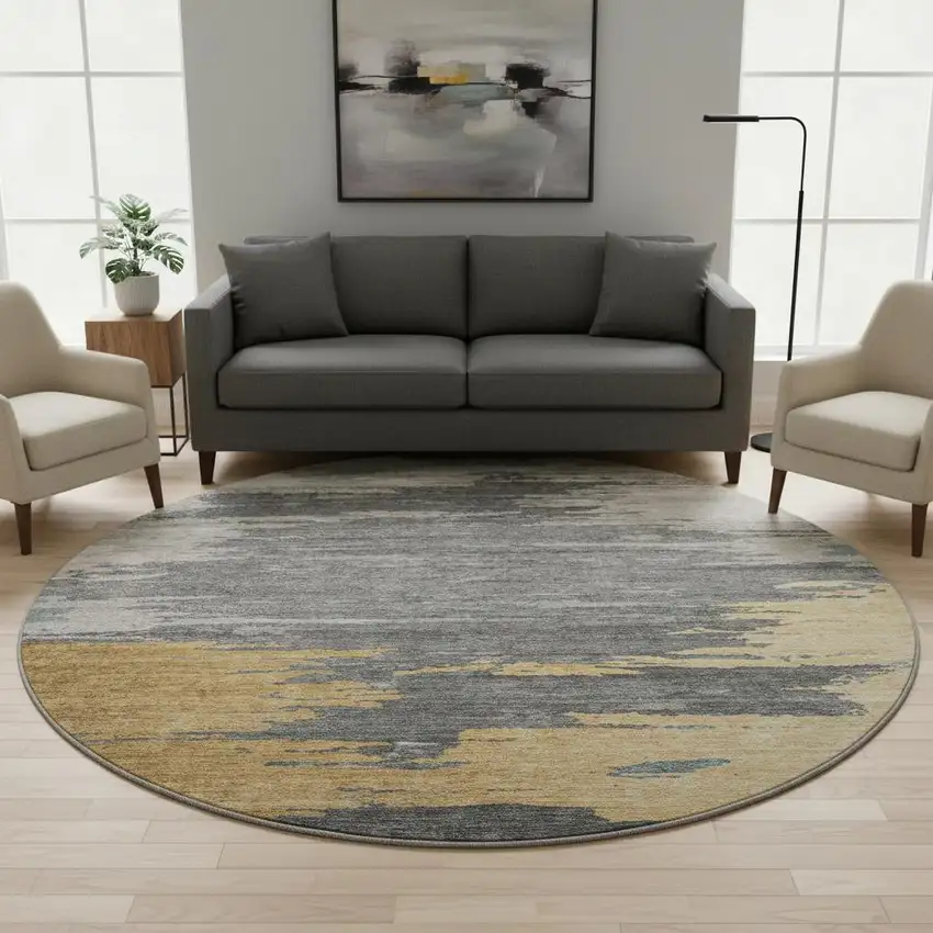 8' Gold Charcoal And Gray Abstract Washable Round Rug With UV Protection Photo 2