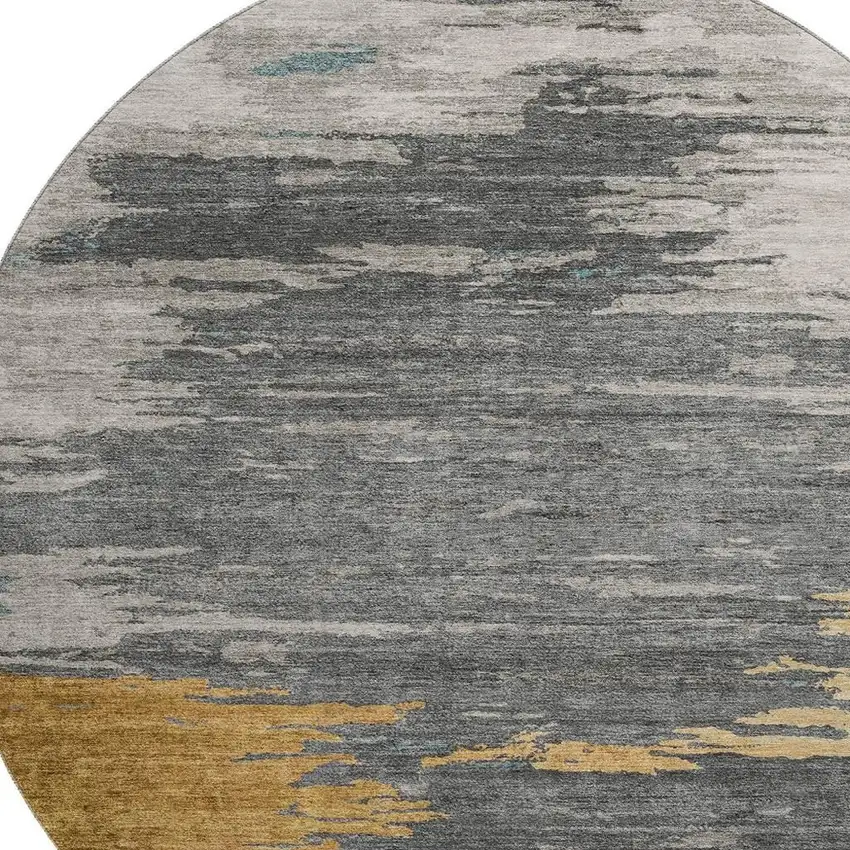 8' Gold Charcoal And Gray Abstract Washable Round Rug With UV Protection Photo 3