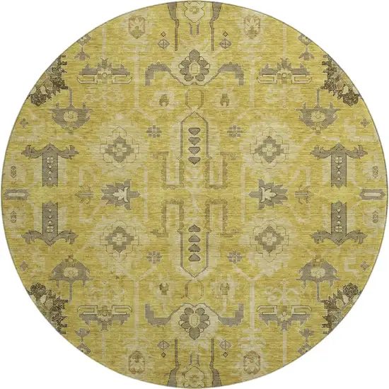 8' Gold Charcoal And Gray Oriental Washable Round Rug With UV Protection Photo 1