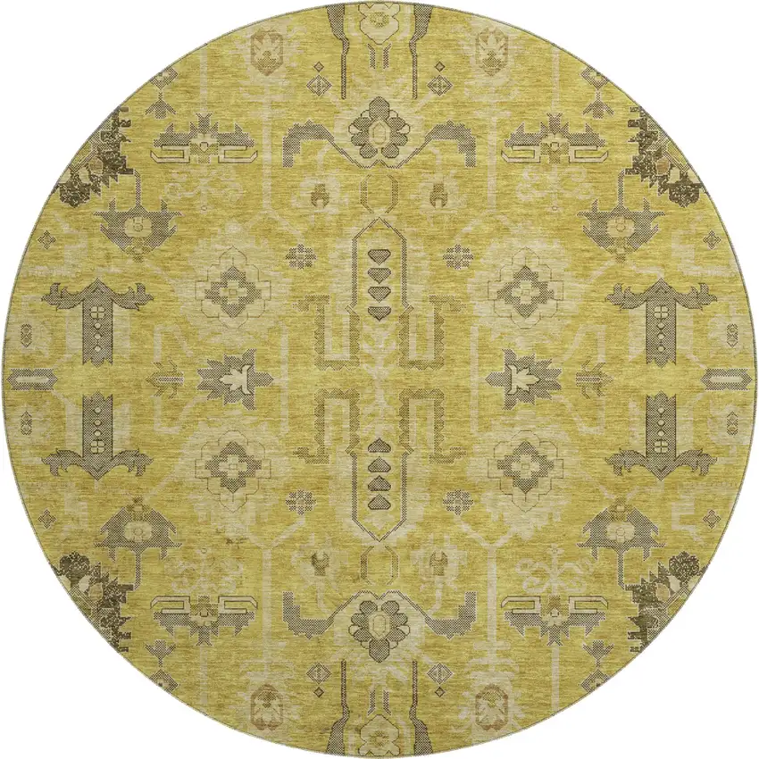 8' Gold Charcoal And Gray Oriental Washable Round Rug With UV Protection Photo 1