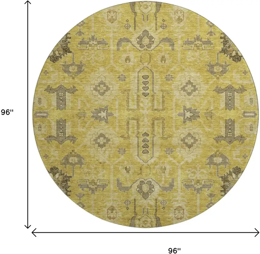 8' Gold Charcoal And Gray Oriental Washable Round Rug With UV Protection Photo 7