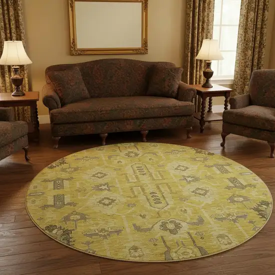 8' Gold Charcoal And Gray Oriental Washable Round Rug With UV Protection Photo 3