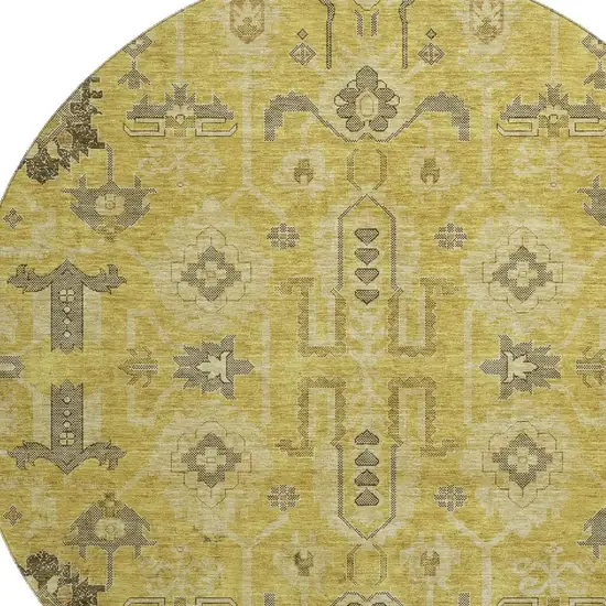 8' Gold Charcoal And Gray Oriental Washable Round Rug With UV Protection Photo 5