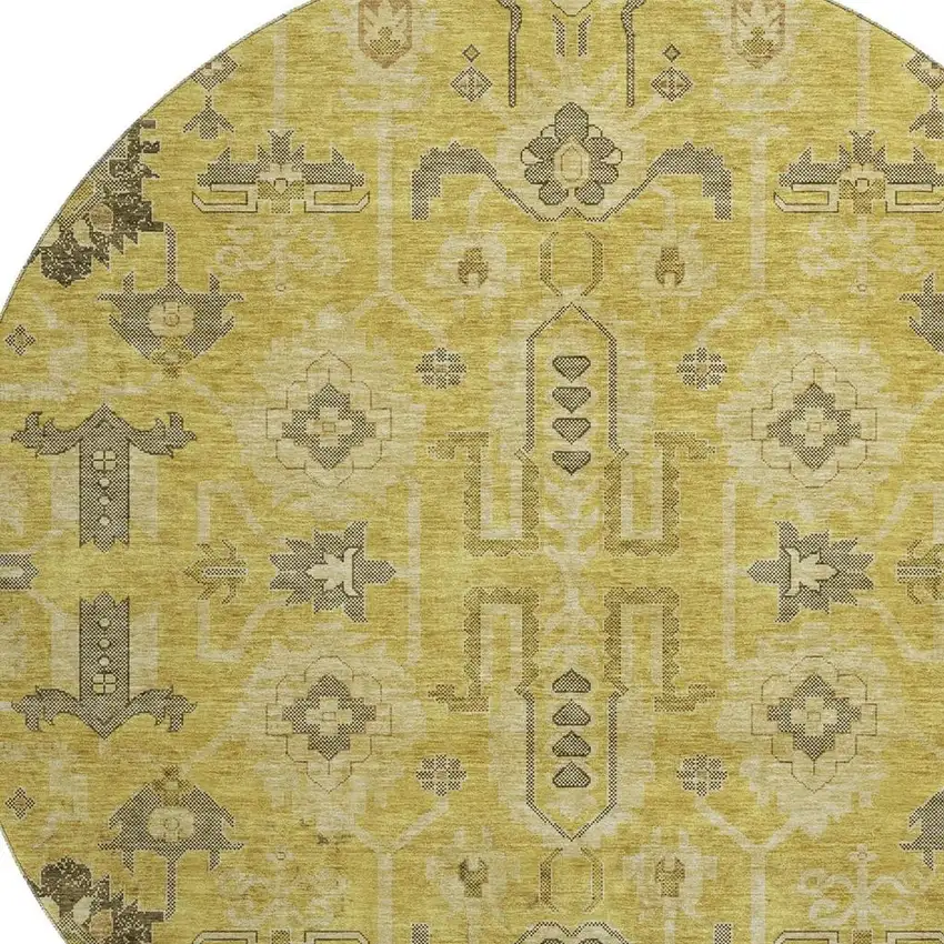 8' Gold Charcoal And Gray Oriental Washable Round Rug With UV Protection Photo 5