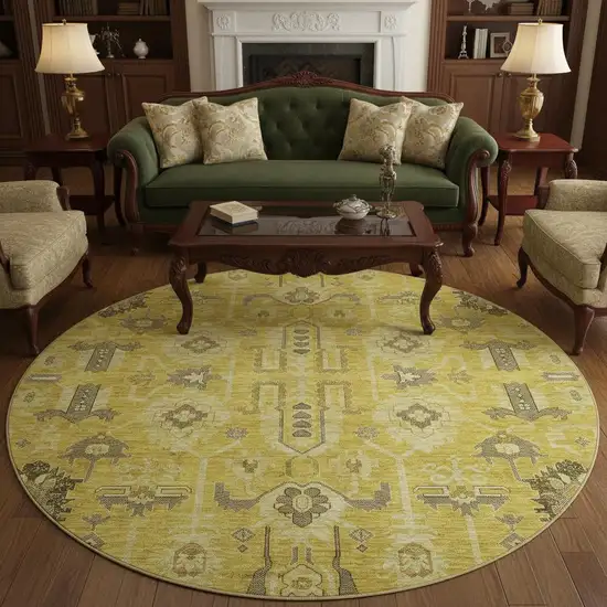 8' Gold Charcoal And Gray Oriental Washable Round Rug With UV Protection Photo 2