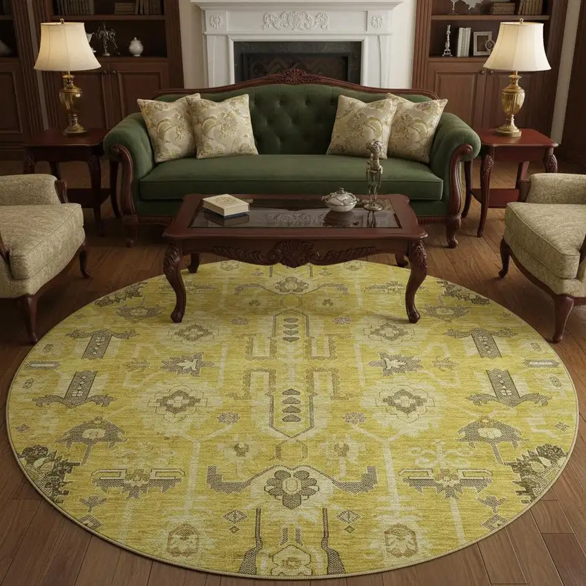 8' Gold Charcoal And Gray Oriental Washable Round Rug With UV Protection Photo 2