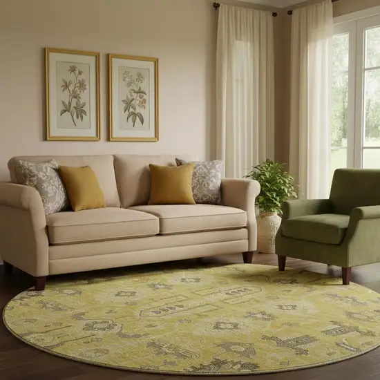 8' Gold Charcoal And Gray Oriental Washable Round Rug With UV Protection Photo 1