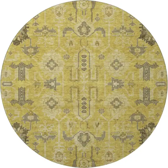 8' Gold Charcoal And Gray Oriental Washable Round Rug With UV Protection Photo 4