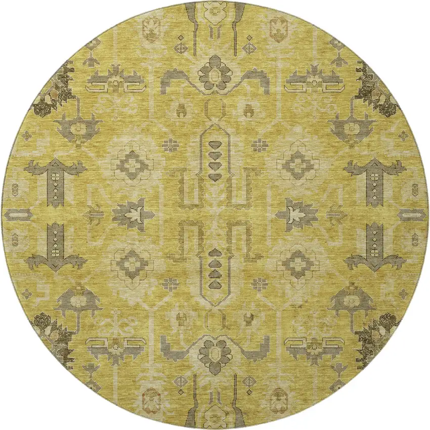 8' Gold Charcoal And Gray Oriental Washable Round Rug With UV Protection Photo 4