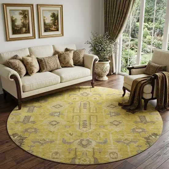 8' Gold Charcoal And Gray Oriental Washable Round Rug With UV Protection Photo 1