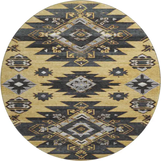 8' Gold Charcoal And Gray Tribal Washable Round Rug With UV Protection Photo 1