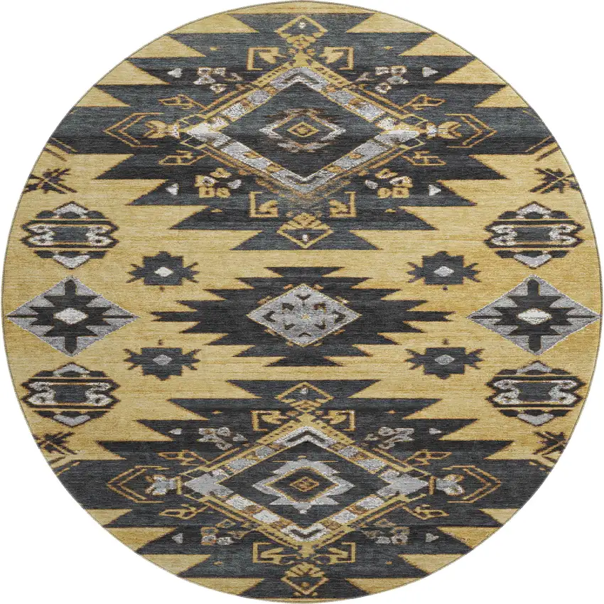 8' Gold Charcoal And Gray Tribal Washable Round Rug With UV Protection Photo 1