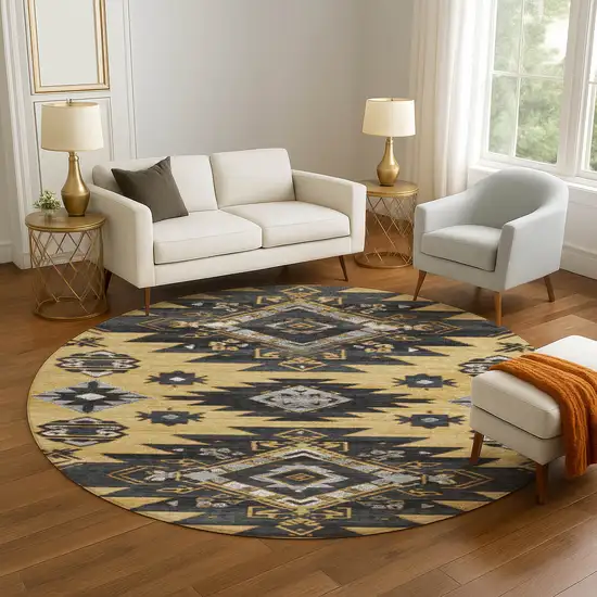 8' Gold Charcoal And Gray Tribal Washable Round Rug With UV Protection Photo 5