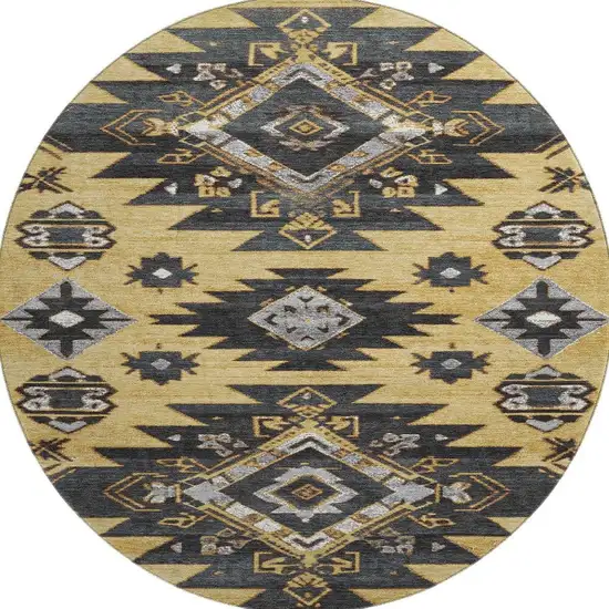 8' Gold Charcoal And Gray Tribal Washable Round Rug With UV Protection Photo 4