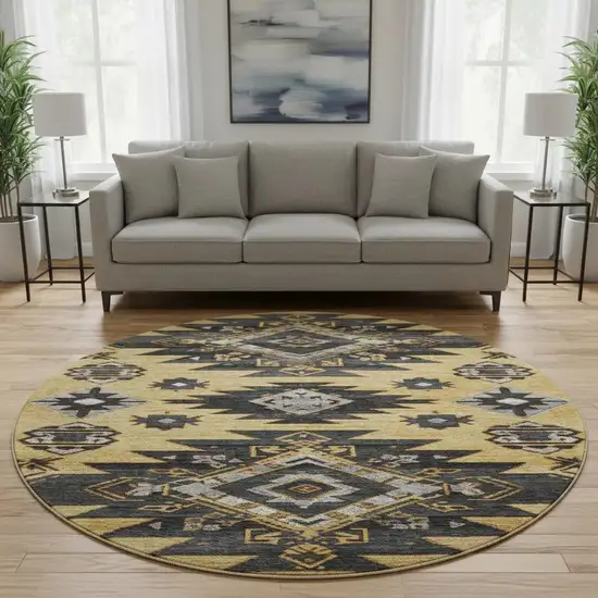 8' Gold Charcoal And Gray Tribal Washable Round Rug With UV Protection Photo 2