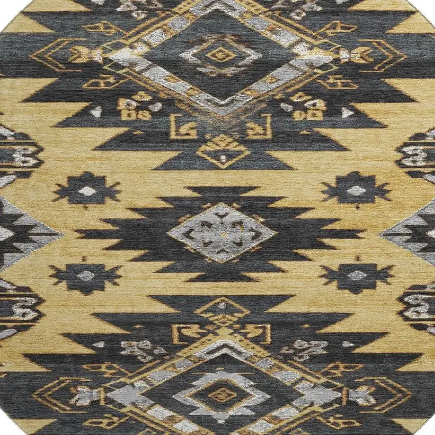 8' Gold Charcoal And Gray Tribal Washable Round Rug With UV Protection Photo 3