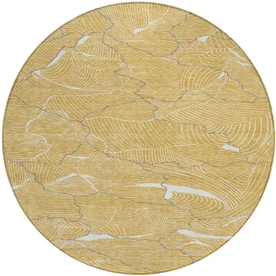 8' Gold Charcoal And Ivory Round Abstract Washable Indoor Outdoor Area Rug Photo 2