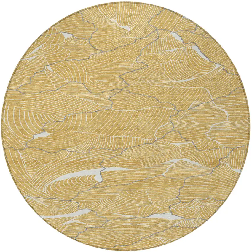 8' Gold Charcoal And Ivory Round Abstract Washable Indoor Outdoor Area Rug Photo 6