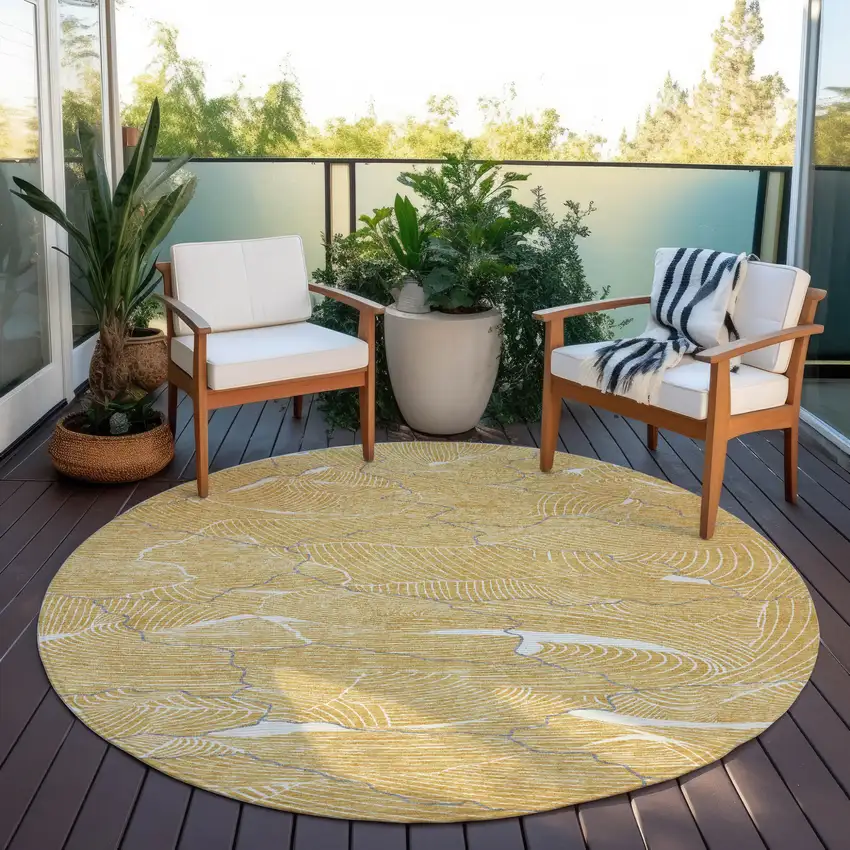 8' Gold Charcoal And Ivory Round Abstract Washable Indoor Outdoor Area Rug Photo 7