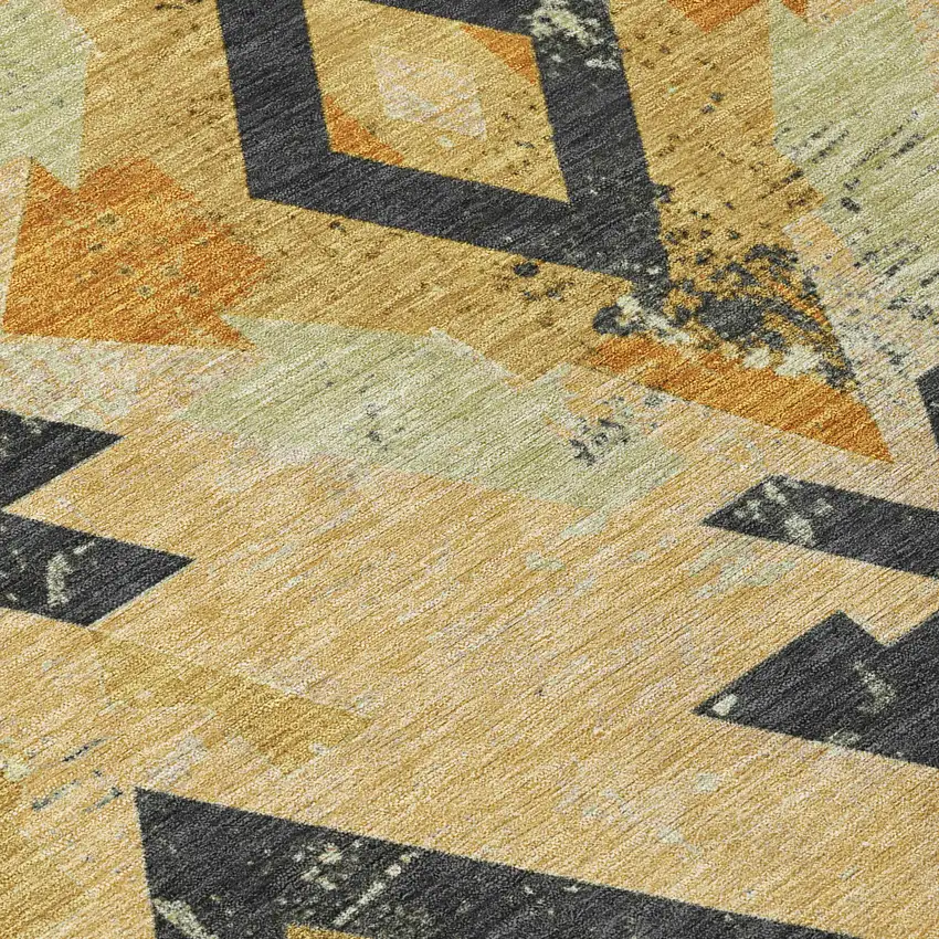 8' Gold Charcoal And Wheat Round Aztec Washable Indoor Outdoor Area Rug Photo 9