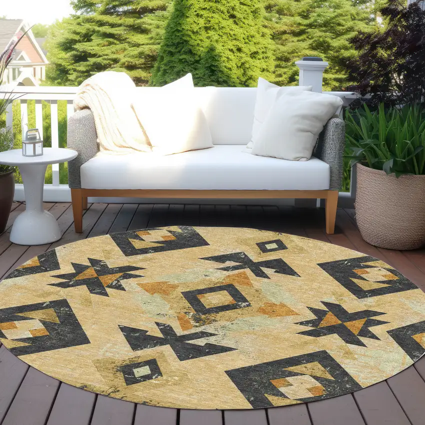 8' Gold Charcoal And Wheat Round Aztec Washable Indoor Outdoor Area Rug Photo 6