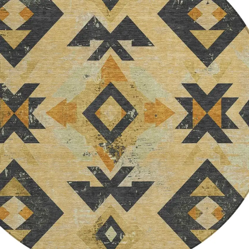 8' Gold Charcoal And Wheat Round Aztec Washable Indoor Outdoor Area Rug Photo 4