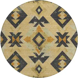 Photo of 8' Gold Charcoal And Wheat Round Aztec Washable Indoor Outdoor Area Rug