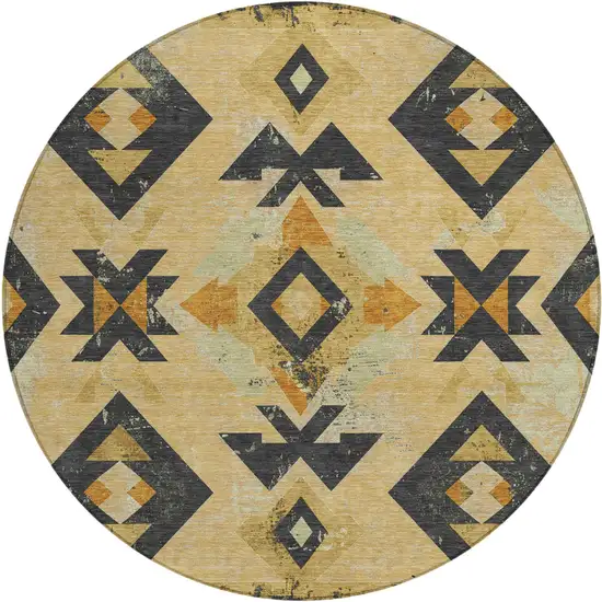 8' Gold Charcoal And Wheat Round Aztec Washable Indoor Outdoor Area Rug Photo 1