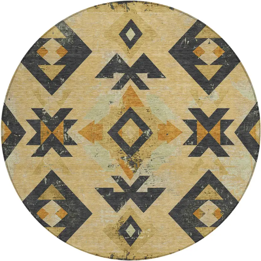 8' Gold Charcoal And Wheat Round Aztec Washable Indoor Outdoor Area Rug Photo 1