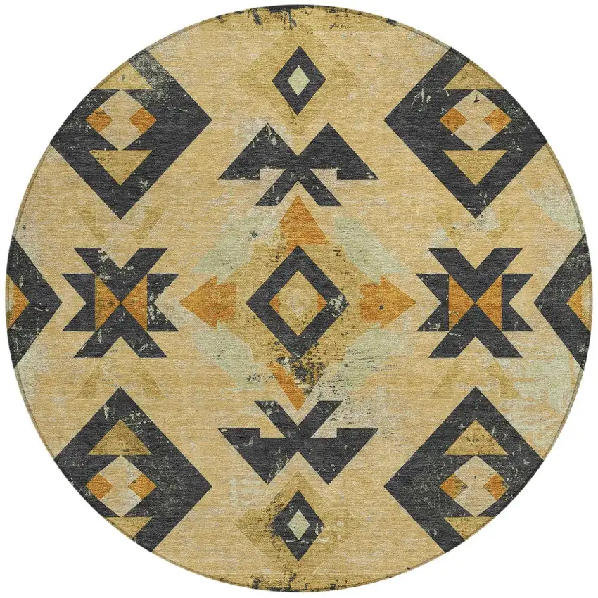 8' Gold Charcoal And Wheat Round Aztec Washable Indoor Outdoor Area Rug Photo 3