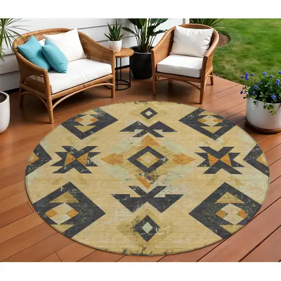 8' Gold Charcoal And Wheat Round Aztec Washable Indoor Outdoor Area Rug Photo 2