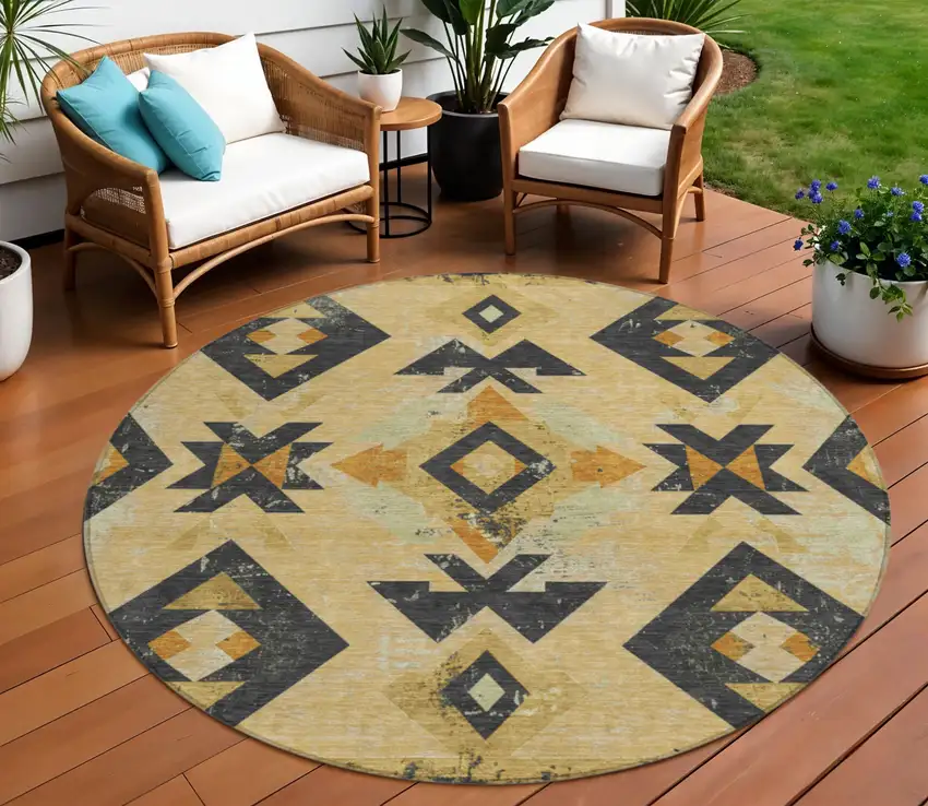 8' Gold Charcoal And Wheat Round Aztec Washable Indoor Outdoor Area Rug Photo 2