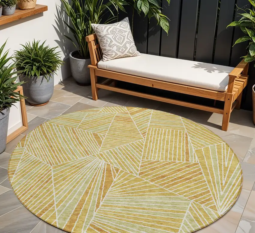 8' Gold Copper And Brown Round Geometric Washable Indoor Outdoor Area Rug Photo 1