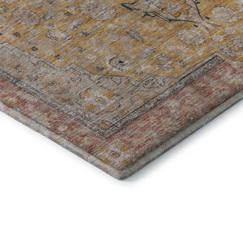 8' Gold Copper And Gray Floral Medallion Washable Round Rug With UV Protection Photo 6