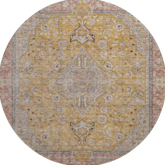 8' Gold Copper And Gray Floral Medallion Washable Round Rug With UV Protection Photo 3