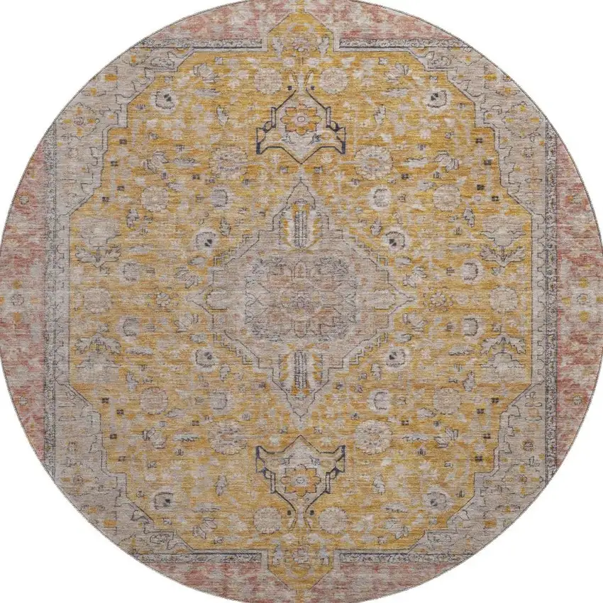 8' Gold Copper And Gray Floral Medallion Washable Round Rug With UV Protection Photo 3