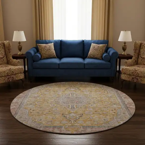 8' Gold Copper And Gray Floral Medallion Washable Round Rug With UV Protection Photo 2