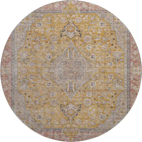 8' Gold Copper And Gray Floral Medallion Washable Round Rug With UV Protection Photo 1