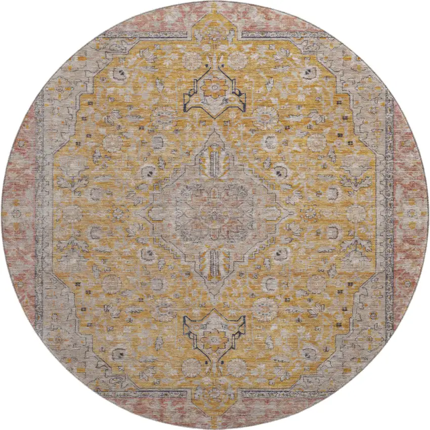 8' Gold Copper And Gray Floral Medallion Washable Round Rug With UV Protection Photo 1