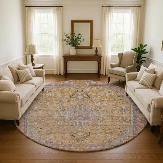8' Gold Copper And Gray Floral Medallion Washable Round Rug With UV Protection Photo 4