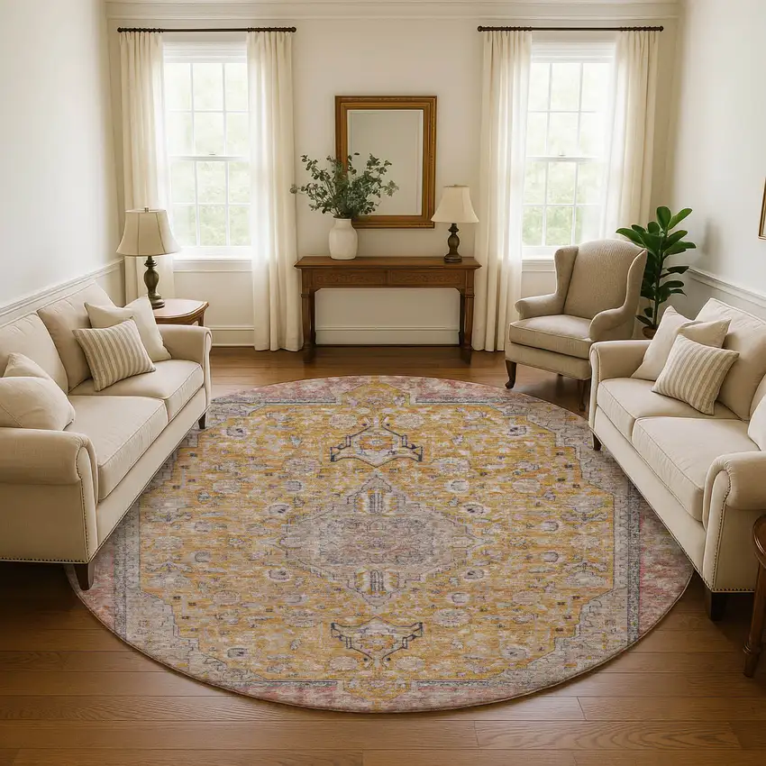 8' Gold Copper And Gray Floral Medallion Washable Round Rug With UV Protection Photo 4