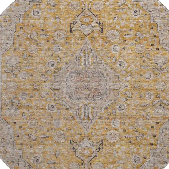 8' Gold Copper And Gray Floral Medallion Washable Round Rug With UV Protection Photo 2