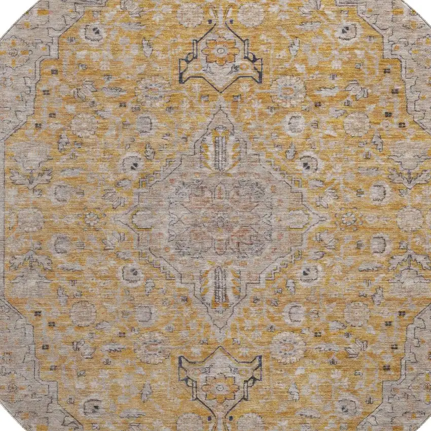 8' Gold Copper And Gray Floral Medallion Washable Round Rug With UV Protection Photo 2