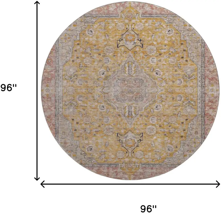 8' Gold Copper And Gray Floral Medallion Washable Round Rug With UV Protection Photo 9